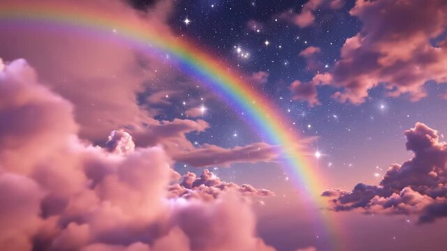 Rainbow in starry sky with clouds highlighting geometric patterns and contemporary art
