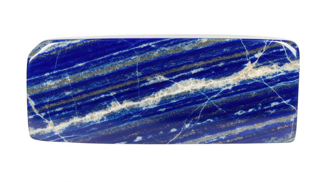 Rectangular polished slab of deep blue lapis lazuli gemstone with white calcite veins and golden pyrite inclusions on a black background