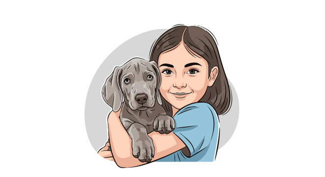 A child joyfully hugs a young grey puppy, both depicted in a stylized illustration with a grey circular background