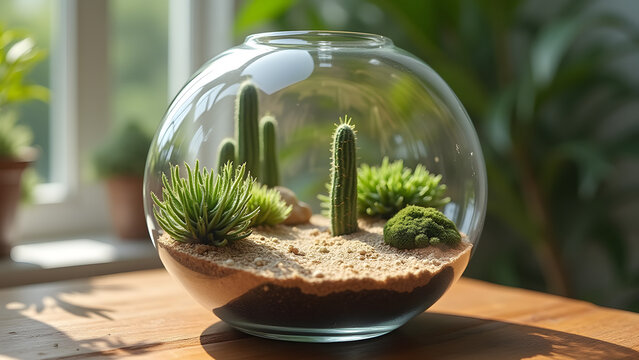 Tiny desert oasis inside a glass dish