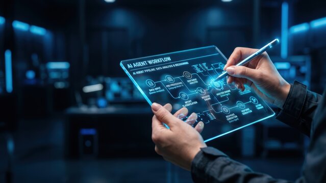 Navigating AI Agent Workflow on Futuristic Transparent Tablet for Advanced Data Analysis and Intelligent Decisioning