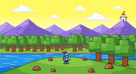 Fototapeta premium Pixel art landscape with knight, river, and castle