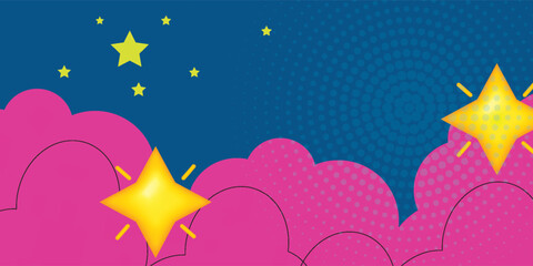 Dynamic comic style background featuring vibrant yellow stars and pink clouds on a blue halftone backdrop, perfect for creative designs and playful themes © Nadiva