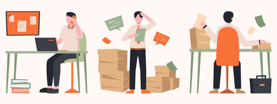 Stressed office employee overwhelmed with paperwork, busy businessman working at desk with laptop and documents, flat vector character set