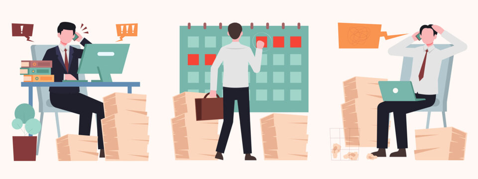 Stressed office worker vector set, busy businessman managing heavy workload and deadlines, professional employee overwhelmed by paperwork and schedule
