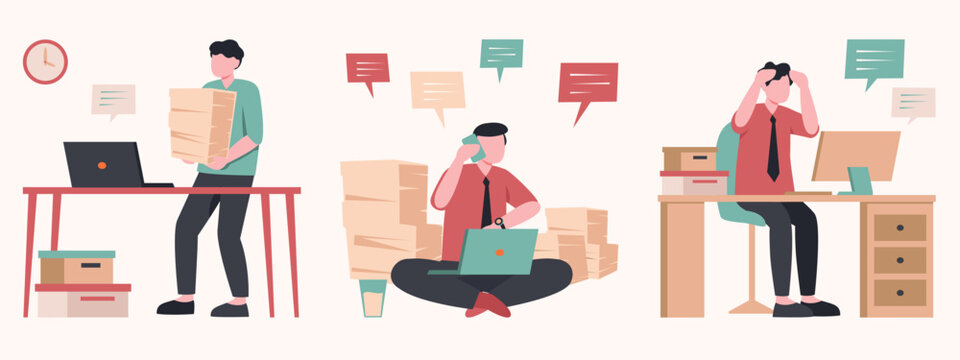 Stressed office employees working with heavy workload, busy businessmen overwhelmed by paperwork and deadlines, flat vector illustration set