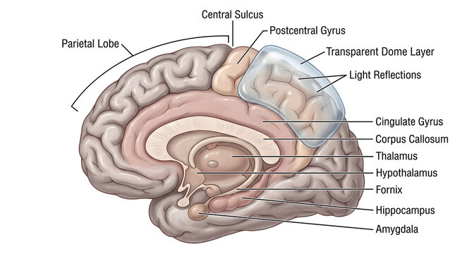 Medial brain illustration emphasizing the parietal lobe and postcentral gyrus under a transparent dome, with deeper limbic structures&mdash;cingulate gyrus, corpus callosum, thalamus, hypothalamus, hippocam