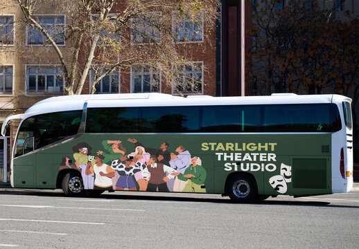 Mockup Showing a Bus Parked in Barcelona Street