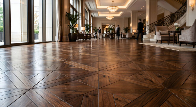 Ultra-realistic luxurious mahogany and ebony wood geometric parquet flooring in high-end hotel lobby, with large copy space and blurred background.