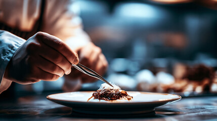 Fototapeta premium Close-up of chef's hands plating dessert with fine sugar restaurant culinary preparation sweetness