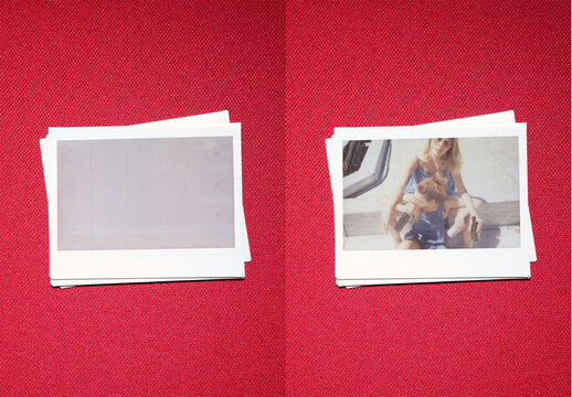 Mockup Template for Wide Polaroid Instant against red textil background
