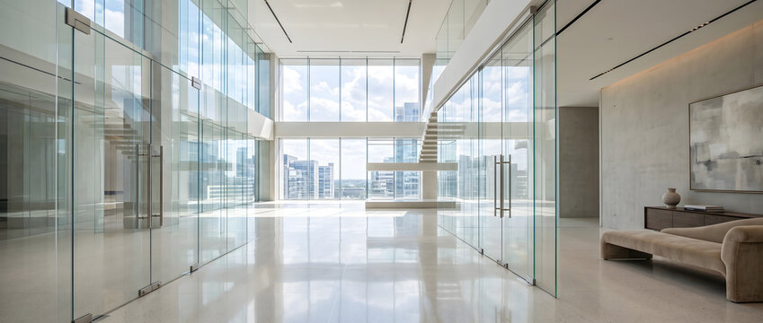 This spacious modern duplex interior features floor-to-ceiling windows, glossy tiled floors, glass partition walls, and minimalist lounge furniture with a bright daylight view of the city skyline.