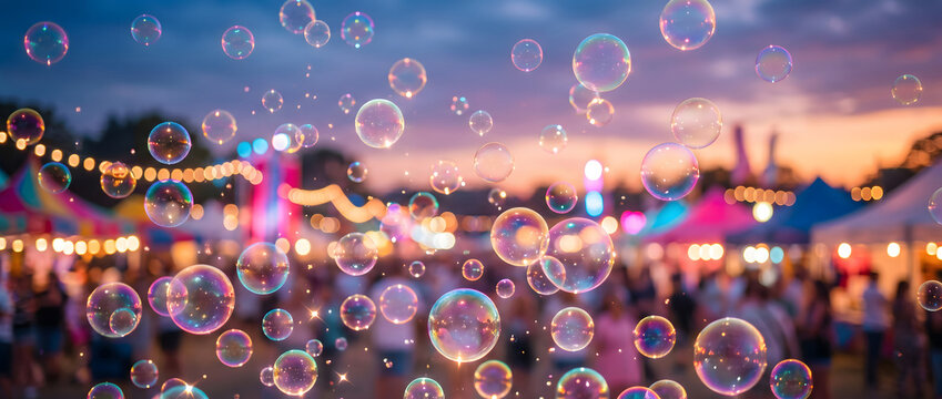 This dreamy twilight shot captures a bustling outdoor carnival, with floating iridescent soap bubbles bokeh and warm glowing string lights across the crowded fairground.
