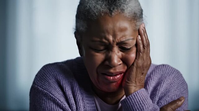 Elderly woman with facial pain emphasizing fluid motion and vibrant color palettes