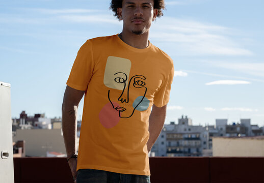 Mockup Template of Men's Short-Sleeve T-Shirt in Urban Style. Front Design.
