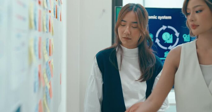 Closeup group Asian businesspeople work together collaborating and sharing ideas use colorful note on wall in business meeting in office. Financial generation z team brainstorm on e-Commerce project.
