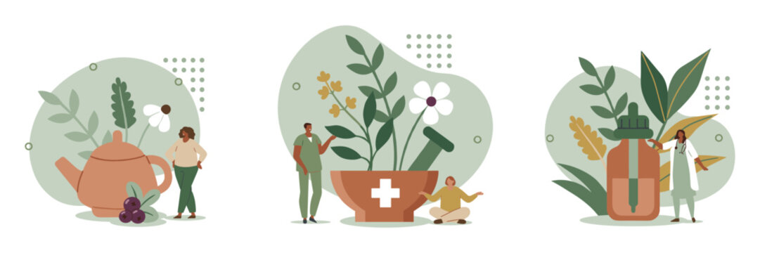 Herbal medicine and natural remedies concept with teapot plants mortar alternative medicine health care plus sign plant pot flower pot wellness illustration pharmacy botanical ingredients