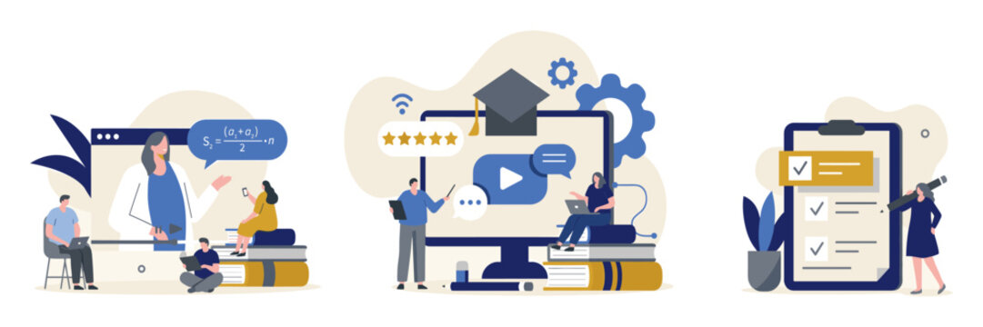 Digital learning and online course platform interface with user interaction digital education e learning web browser call graduation cap e technology students internet