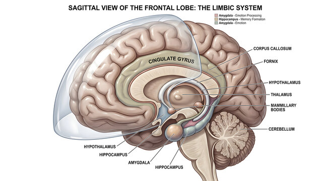 Sagittal view of the frontal lobe and limbic system showing cingulate gyrus, corpus callosum, hippocampus, amygdala, hypothalamus, thalamus, brainstem and cerebellum beneath a transparent skull dome, 