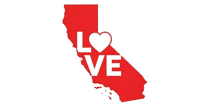 Red california map with white heart and text love on white background