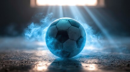 Naklejka premium Mesmerizing Blue Soccer Ball with Ethereal Glow and Rays of Light in a Dimly Lit Environment
