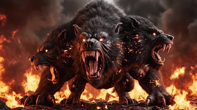 Threeheaded beast in fiery environment for outdoor lifestyle brands and nature documentaries