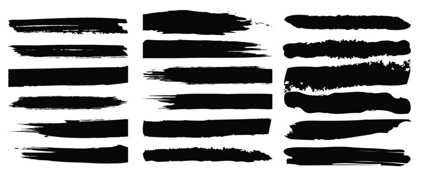Set of vector paint brush stroke, ink splatter and artistic design elements. Hand drawn brush stroke textures set. Grunge banner background.  Black hand drawn stripes, smears, rough grunge thick paint