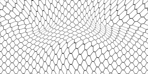Fishing or soccer net. Repeated hexagon pattern. Black wired mesh texture isolated on white background. Metallic or fabric fence, cage or lattice structure. Vector graphic Illustration. © Alfi