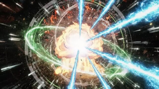 4K anime 2D animation hand-drawn manga explosive fire bursts with glowing light beams and spinning holographic sci-fi against black screen background.