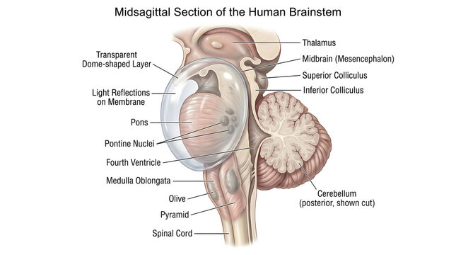 Midsagittal section of the human brainstem highlighting midbrain with colliculi, pons, medulla oblongata, fourth ventricle, pineal region and overlying transparent membrane, with cerebellum posteriorl