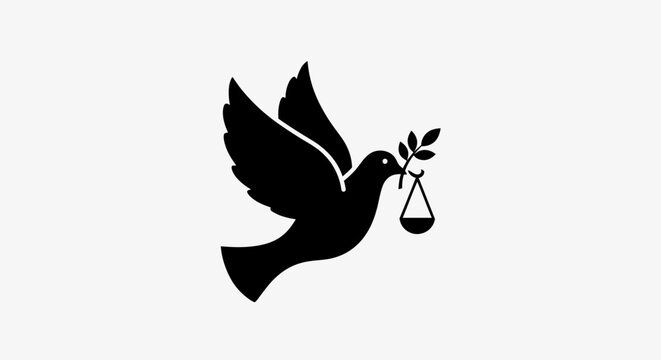 Black Silhouette of Dove Carrying Olive Branch and Scales