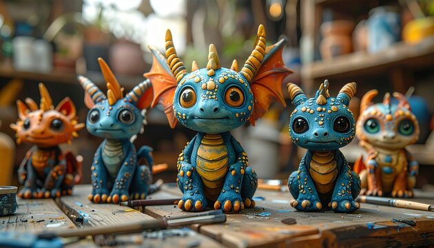 Three Intricately Detailed Blue Clay Dragons With Orange Wings and Yellow Accents Seated Together