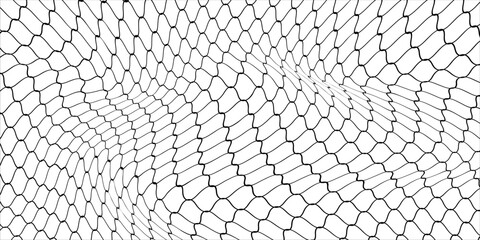 Fishing or soccer net. Repeated hexagon pattern. Black wired mesh texture isolated on white background. Metallic or fabric fence, cage or lattice structure. Vector graphic Illustration. © Alfi