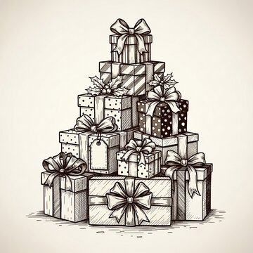 Hand-drawn holiday gifts stacked high, sketched with intricate detail and a touch of festive cheer.