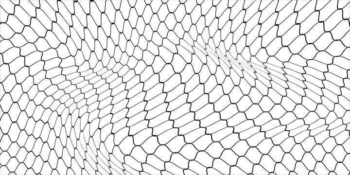 Fishing or soccer net. Repeated hexagon pattern. Black wired mesh texture isolated on white background. Metallic or fabric fence, cage or lattice structure. Vector graphic Illustration.