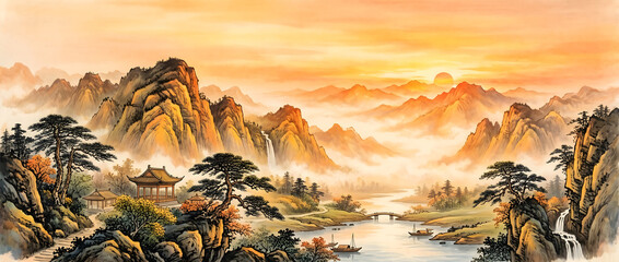 Naklejka premium This traditional Chinese landscape painting captures a golden sunset over misty layered mountains, with rivers, pavilions, pine trees and waterfalls creating a peaceful idyllic natural scene.
