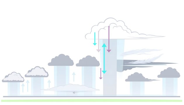 Weather phenomena and atmospheric layers depicted with cloud formations and precipitation indicators