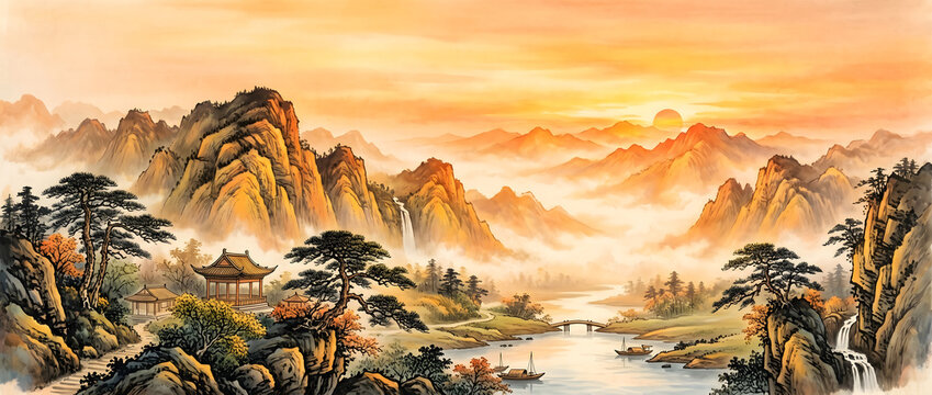 This traditional Chinese landscape painting captures a golden sunset over misty layered mountains, with rivers, pavilions, pine trees and waterfalls creating a peaceful idyllic natural scene.