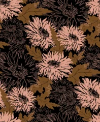 Autumn warm dark brown hand drawn seamless pattern of chrysanthemums flowers. For design, package, textile, fabric, wallpaper, bedding, autumn winter apparel. © Rina Ka