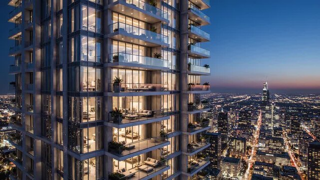 Modern highrise apartment building at dusk perfect for scenic backgrounds and natural storytelling