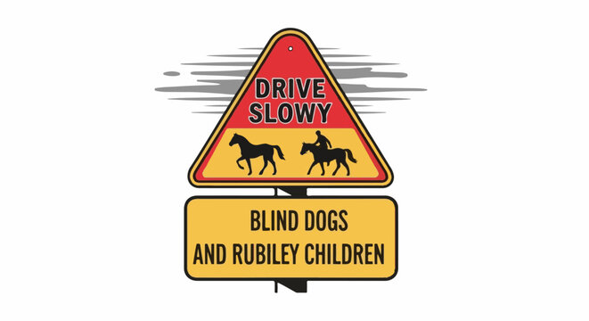 A triangular sign with a red top section and yellow bottom section, showing horses and a rider, and a rectangular sign below warning of blind dogs and children