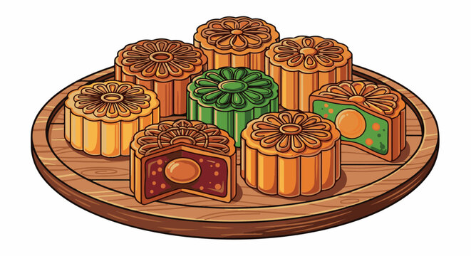 A variety of traditional, circular pastries with decorative patterns are arranged on a wooden platter