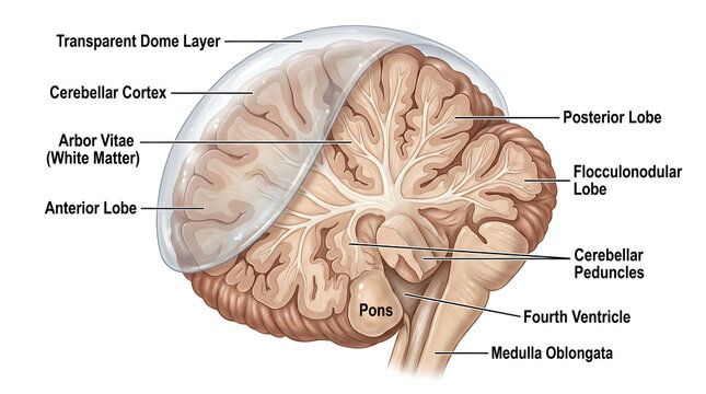 Lateral cutaway view of the cerebellum displaying anterior, posterior and flocculonodular lobes, arbor vitae white matter, overlying cerebellar cortex, cerebellar peduncles, pons, medulla oblongata an