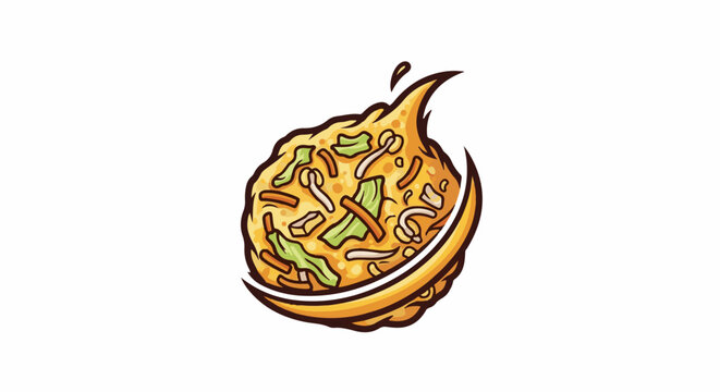A stylized, cartoonish depiction of a golden-brown spherical food item, likely a fritter or croquette, filled with visible pieces of green vegetables and light-colored slivers