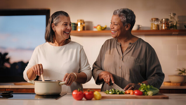 Senior couple cooking healthy meal in kitchen at home, retirement lifestyle and active aging wellness concept