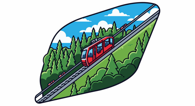 A red funicular ascends a steep, tree-lined mountain slope under a cloudy sky