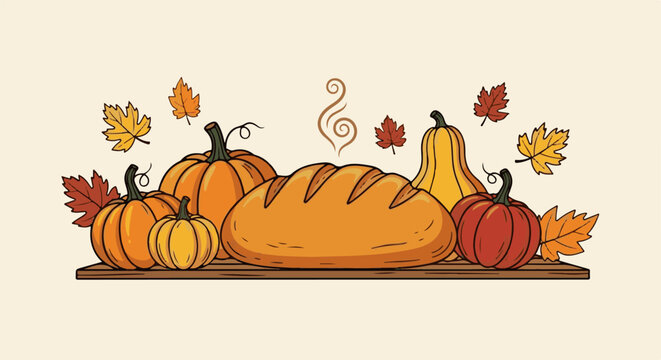 A festive harvest display of pumpkins, gourds, and warm bread, adorned with falling autumn leaves