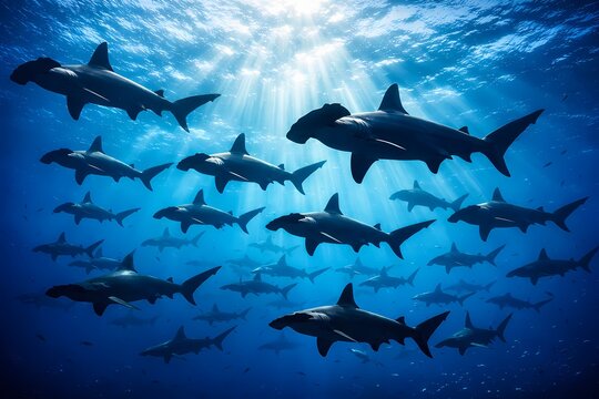 Large school of silhouetted hammerhead sharks swimming together in deep blue ocean suitable for marine wildlife documentaries and shark conservation programs.