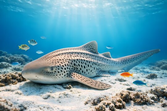 Beautiful spotted leopard shark resting on sandy ocean floor surrounded by small fish suitable for marine biology education underwater nature and scuba diving.