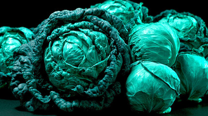 Obraz premium Pile of fresh green cabbages including savoy cabbage on a dark background with cool tones, vegetable